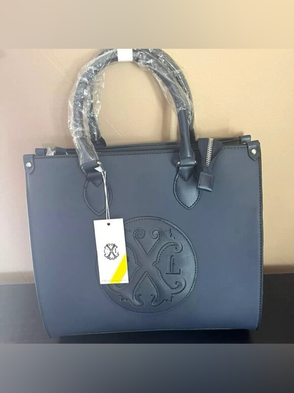 Christian Lacroix Navy Structured Satchel with Embossed Crest